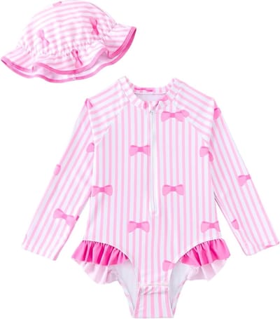 Babybadpak voor meisjes met zonnehoed, lange mouwen en UV-bescherming, ideaal voor zomerse zwemdagen, badmode voor baby’s