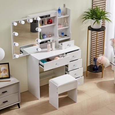 Kaptafel met Verlichting - Cosmetica Tafel - Make-up Aanbrengen - Verstelbare Helderheid - 80 x 36 cm - Wit