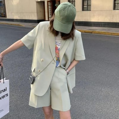 Blazer met korte mouwen Tweedelig Pak Jas+korte broek Dunne Casual Losse Damespakken Woon-werkverkeer Eenvoudig Effen Kleur Lente en Zomer XXXL gray