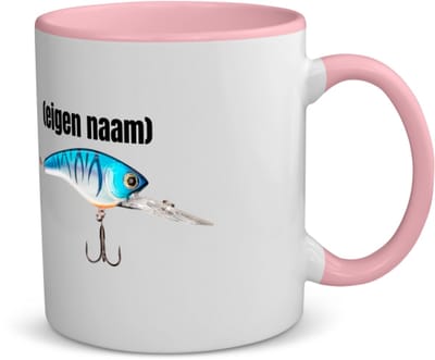 Akyol - visser haak met aas met eigen naam koffiemok - theemok - roze - Vissen - liefhebber van vissen - iemand die houdt van vissen - verjaardag - cadeau - kado - geschenk - 350 ML inhoud