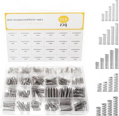 Assortiment van 420 Compressieveren in RVS, 24 Specificaties voor Thuisgebruik en DIY Projecten, Lengtes van 10mm tot 30mm en Diameters van 5mm tot 7mm