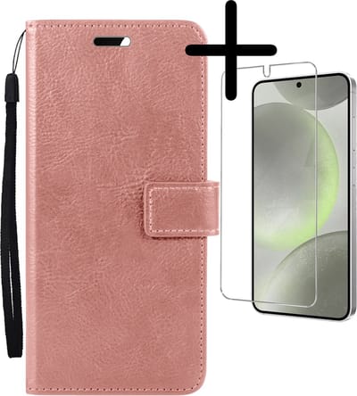 Hoesje Met Screenprotector - Geschikt voor Samsung Galaxy S24 Plus - Luxe Pasjeshouder - Bookcase Portemonee - Flip Case - Kunstleer Book Case - Flipcase - Book Cover - Walletcase - Portemonneehoes - Rosé goud