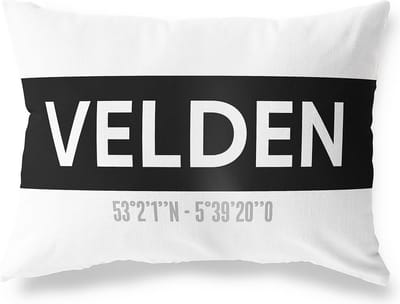 Tuinkussen VELDEN - LIMBURG met coördinaten - Buitenkussen - Bootkussen - Weerbestendig - Jouw Plaats - Studio216 - Modern - Zwart-Wit - 50x30cm