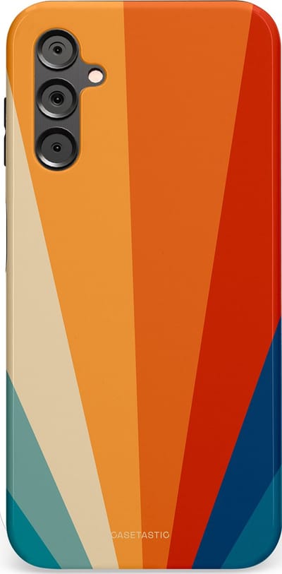 Casetastic hoesje geschikt voor Samsung Galaxy A14 (2023) 5G / Samsung Galaxy A14 (2023) 4G - Dubbellaagse bescherming - Retro straal - Fashion Case - Oranje Okergeel Petrol Rood