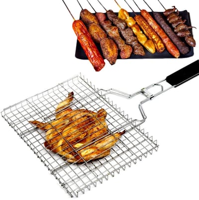 Dailygoods- Grillmand Roestvrij Staal - Hittebestendig Houten Handvat - BBQ Accessoires - Draagbaar Outdoor - Groot Kookoppervlak - Gemakkelijk Schoon Te Maken - Barbecuemand