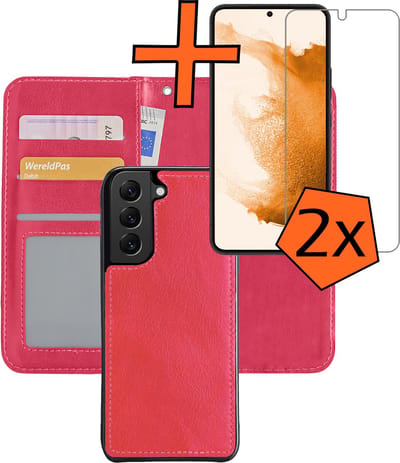 Hoes - 2 in 1 - Geschikt voor Samsung Galaxy S22 - Met 2x Screenprotector - En Uitneembare Hard Cover - Bookcase - Wallet Case - Met Pasjeshouder - Book Case - Uitneembaar - Pashouder - Kunstleer - Donkerroze
