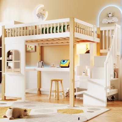 DESMIU Hochbed 140cm x 200cm - Multifunctioneel Slaapbed Met Bureau En Opbergruimte - Huisvorm Met Ledverlichting - Voor Jeugdkamer - Grenenhout En Mdf - Wit Naturel - Zonder Matras