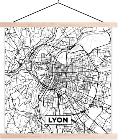 Posterhanger incl. Poster 40x40 cm - Schoolplaat - Lyon - Stadskaart - Frankrijk - Kaart - Plattegrond - Zwart wit - Textielposter - Blanke latten - Stadskaart