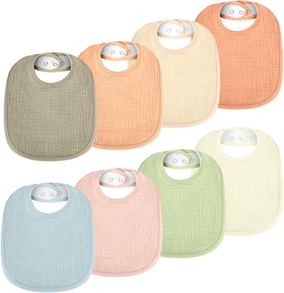 Verstelbare Baby Slabbetjes Set van 8 Stuks, Zachte Katoenen Slabben voor Jongens en Meisjes, Wasbare Muslin Slabbetjes met 2 Verstelbare Drukkers in Oranje