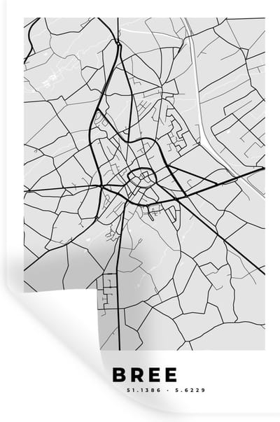 Muurstickers - Sticker Folie - Stadskaart – Plattegrond – België – Zwart Wit – Bree – Kaart - 20x30 cm - Plakfolie - Muurstickers Kinderkamer - Zelfklevend Behang - Zelfklevend behangpapier - Stickerfolie