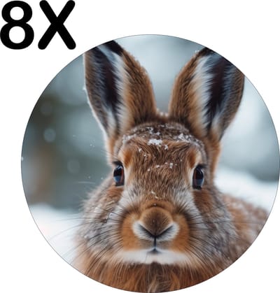 Luxe Ronde Placemat - Bruin Konijn in de Sneeuw - Set van 8 Placemats - 50x50 cm - 2 mm dik Vinyl - Anti Slip - Afneembaar