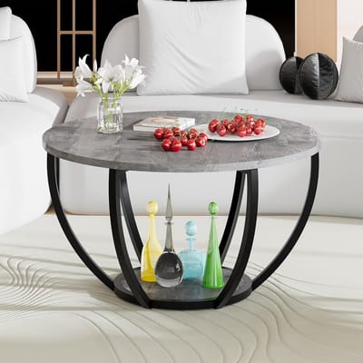 Ronde Salontafel met Opbergruimte en Zwart Metalen Frame - Grijs