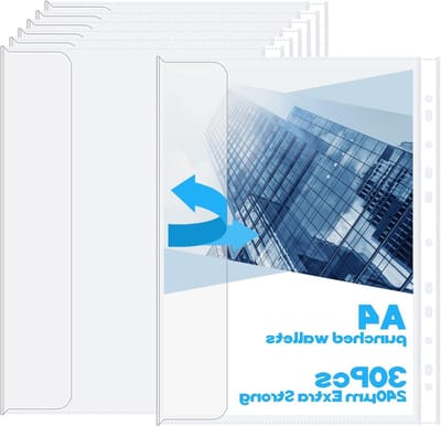 30 heldere A4 plastic perforatiehoezen met klep, 240 micron stevige plastic mappen voor documenten, 11 gaten, ideaal voor ringbanden en bladbescherming