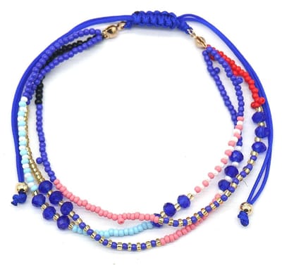 Armband Dames - 3 Lagen - Koord met Kralen - Lengte Verstelbaar - Blauw