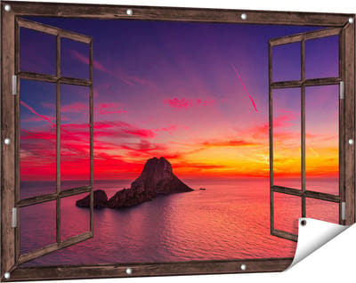 Gards Tuinposter Doorkijk Ibiza Rotsen Eiland bij Zonsondergang - 120x80 cm - Tuindoek - Tuindecoratie - Wanddecoratie buiten - Tuinschilderij