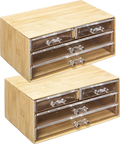 2x 5five sieraden/make-up organizer - 4 lades - 24 x 11 cm - rechthoek - bamboe/kunststof - opbergen