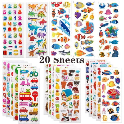 Autocollants 3D pour enfants et tout-petits, 20/8 feuilles différentes, autocollants 3D en vrac, dessin animé, jouet classique éducatif, cadeaux pour enfants, garçons et filles