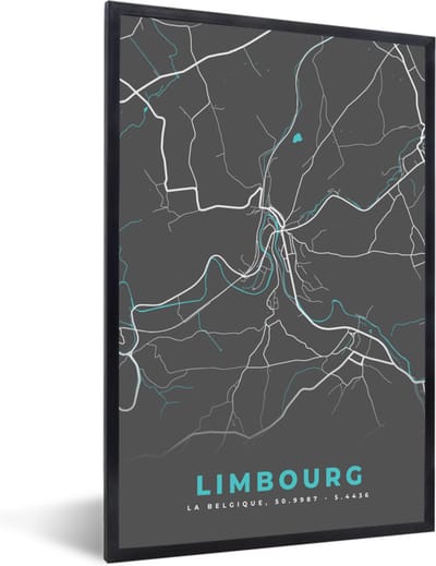 Fotolijst incl. Poster - Plattegrond – Limbourg – Blauw – Stadskaart - Kaart - België - 40x60 cm - Posterlijst