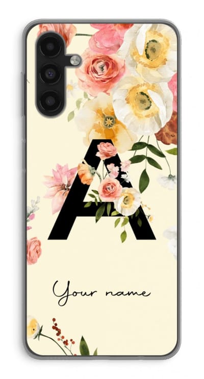 Gepersonaliseerd - Case Company® - Hoesje geschikt voor Samsung Galaxy A04s hoesje - Flirty Flowers Monogram - Soft Cover Telefoonhoesje - Bescherming aan alle Kanten en Schermrand