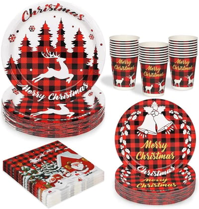 Papieren kerstservies set 100-delig - 25x23cm borden - 25x270ml bekers - ideaal voor kerstfeest - SnelShoppen