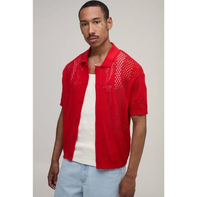 Ontspannen Gebreid Overhemd Met Open Steek En Sterdetail | Red | Size Small