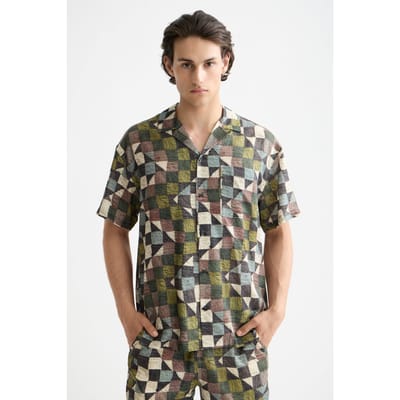 Scotch & Soda Printed Short-sleeved Tencel Shirt Zig Zag Patchwork Multi Maat: L | Casual Overhemden Outlet | Heren | Groen