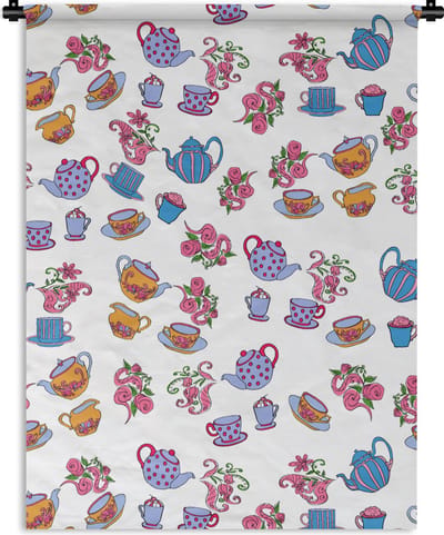 Wandkleed - Wanddoek - Patronen - Thee - Rozen - Theepot - 90x120 cm - Wandtapijt