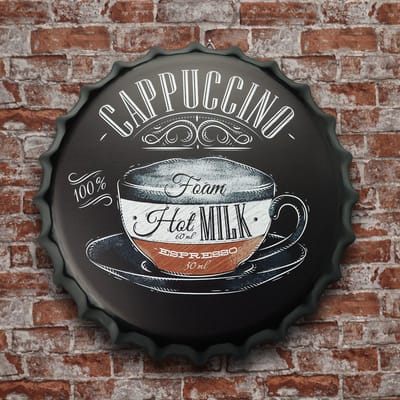 Wandbord – Cappuccino coffee - Metalen wandbord - Metalen decoratie - Metalen bord - Wandborden - Wandbord metaal - Wandbord rond - Coffee - Decoratie - Cave & Garden