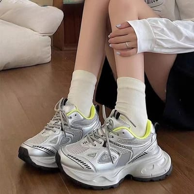 Papa Schoenen Kinderen Lente en Herfst Nieuw Ins Trendy Dikke Zool Hoogteverhogend Modieus Veelzijdig Ademend Sportschoenen 40 zilver