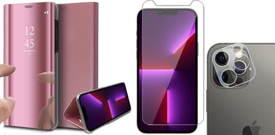 Hoesje geschikt voor iPhone 13 Pro - Spiegel Book Case - Roze - Met Screenprotector en Camera Screen Protector