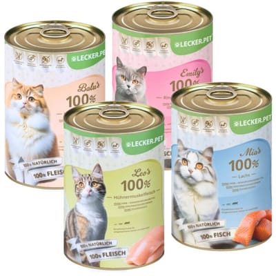 24 x 400 g Lecker.Pet® Baloo's, Emily's, Leo's & Mia's 100 % vis & vlees natvoer mix - 6 blikjes per soort