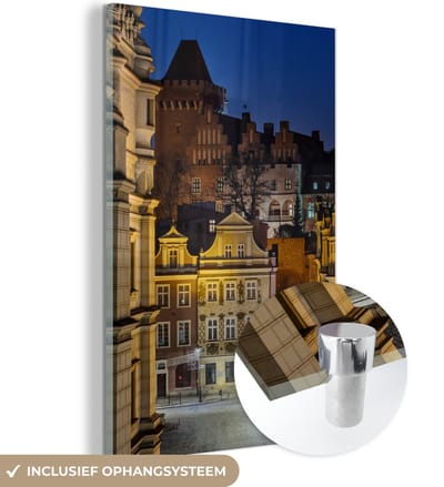 ® Glasschilderij 120x180 cm - Schilderij acrylglas - Pools straatbeeld dichtbij het Ratusz van Poznan - Foto op glas - Muurdecoratie woonkamer - Wanddecoratie slaapkamer - Schilderijen