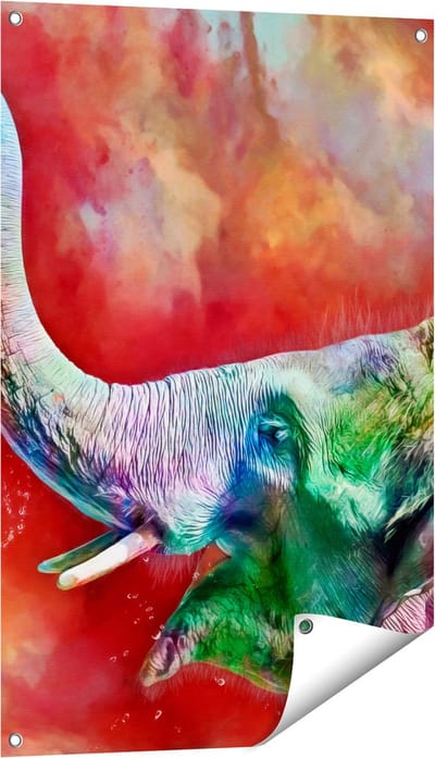 Gards Tuinposter Getekende Vrolijke Olifant - Abstract - 60x90 cm - Tuindoek - Tuindecoratie - Wanddecoratie buiten - Tuinschilderij