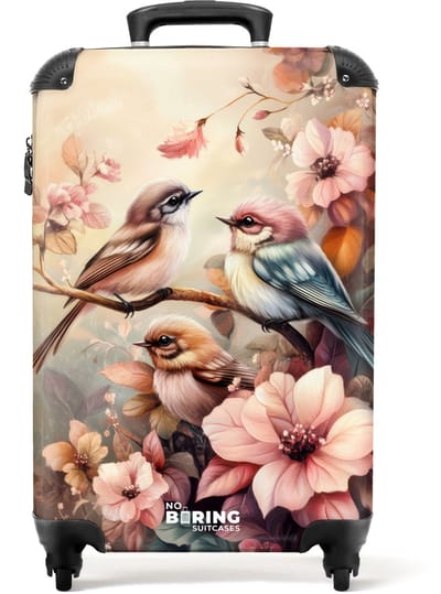 NoBoringSuitcases.com® - Kinderkoffer meisje - Kindertrolley meisjes - Vogels met roze bloemen - Handbagage koffer lichtgewicht - Reiskoffer trolley kinderen - Rolkoffer met wieltjes - Past binnen 55x40x20 en 55x35x25