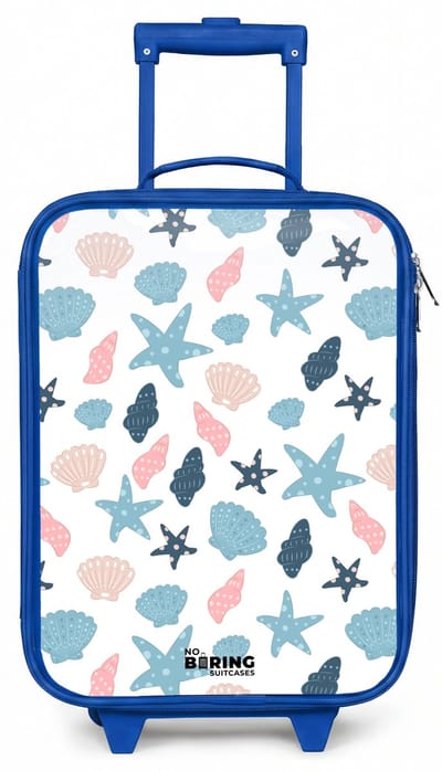 NoBoringSuitcases.com® - Kinderkoffer blauw - Kindertrolley jongen - Schelpen patroon kleurrijk - Koffer kind lichtgewicht - Reiskoffer trolley voor kinderen - Koffertje met lichtgevende wieltjes - Rolkoffer