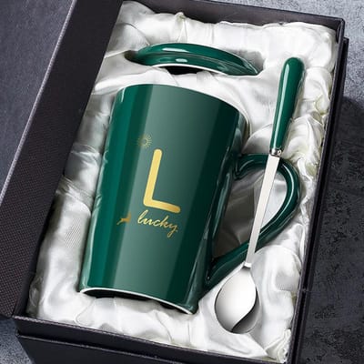 Mok met Deksel Lepel Keramische Kop Opening Praktisch Cadeau Souvenir Doos Creatieve Koffiekop 301-400ml