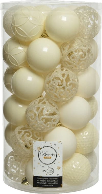 Decoris Kerstballen - 37x stuks - kunststof - wol wit - 6 cm - kerstversiering