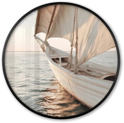 Poster in lijst Rond - Fotolijst 60x60 cm - Posters - Zeilboot - Zee - Beige - Zon - Ronde posterlijst zwart - Decoratie - Wanddecoratie woonkamer - Muurdecoratie slaapkamer