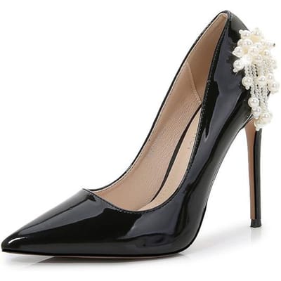 Chaussures de mariage en cuir verni blanc avec perles, escarpins à talons hauts et bout pointu pour femmes, chaussures de soirée de styliste peu profondes 33 noir