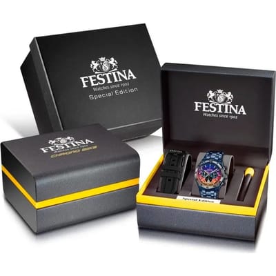 Festina F20709/1 Heren Horloge - Chronograaf - Mineraalglas - Roestvrijstaal/Leer - Blauw - Quartz - Gesp - 10 ATM (zwemmen)