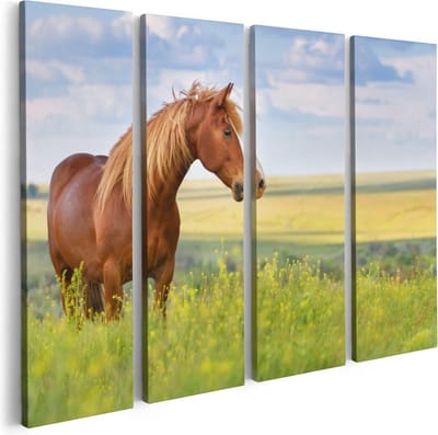 Artaza Canvas Schilderij Vierluik Bruin Paard In De Wei - 80x60 - Foto Op Canvas - Canvas Print