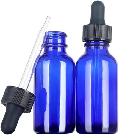 Ronde glazen flessen met druppelaar in blauw - 30ml, set van 2, ideaal voor oliën en serums