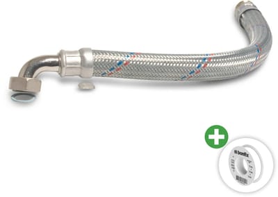 Deltaline - Gevlochten Waterslang voor hydrofoorpomp - Staal Gegalvaniseerd 1" – 50 cm – Haakse Koppeling – Buitendraad x Wartel Binnendraad – 8 Bar – KTW/DVGW Gecertificeerd – Incl. PFTE Tape