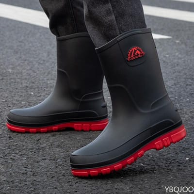 Oversized Vier Seizoenen Mode Nieuw Eendelig Waterdicht en Antislip Zool Heren Regenlaarzen Middenhoge Schacht Werk Heren Regenschoenen 44 black