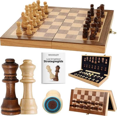Woodley Luxe Houten Schaakbord - Opvouwbare schaakset met schaakstukken - Schaakspel - Bordspel - Magnetisch schaakbord - Extra Koningin - Chess set - 40cm - Complete set van beginner tot expert - Inclusief strategieboekje