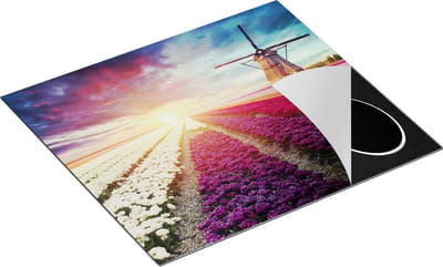 Chefcare Inductie Beschermer Kleurrijke Tulpen Bloemenveld - Windmolen - 60x50 cm - Afdekplaat Inductie - Kookplaat Beschermer - Inductie Mat