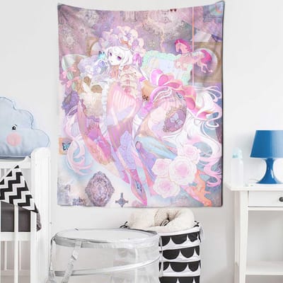 Tapisserie d'animation japonaise Mandala Tapis Dessin animé Tarot Fille Kimono Tapis mural Kawai Décoration murale Tenture murale 95x70CM white