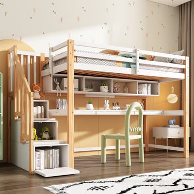 DESMIU Hoogslaper 90x200 cm – Met Bureau En Opbergtrap – Extra Opbergruimte Met Boekenrek – Voor Kinderkamer – Massief Hout En MDF – Wit Eiken – Zonder Matras