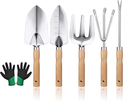 Complete Tuinset met 6 Ergonomische Tuingereedschappen, Inclusief Spade, Hark, Wortelplukker en Tuinhandschoenen voor Efficiënt Tuinieren