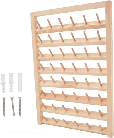 Houten Draadhouder met 48 Spoelen, Wandmontage Draadrek met Haakjes, Ideaal voor Borduren, Quilten en Creatief Handwerken